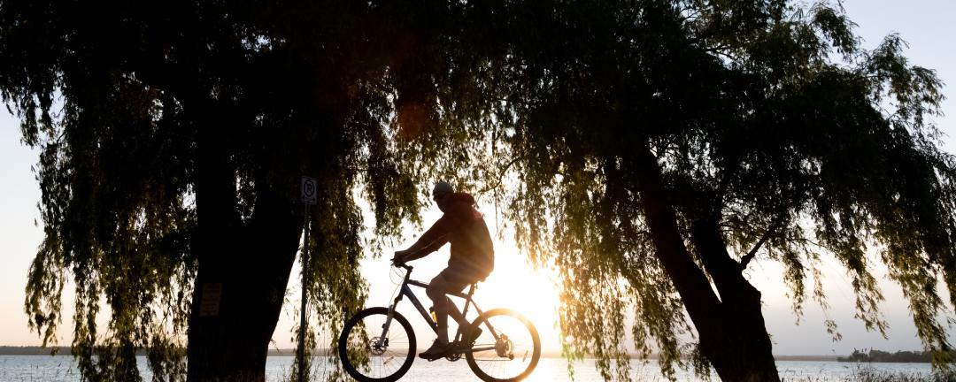biking on road along lake at sunset